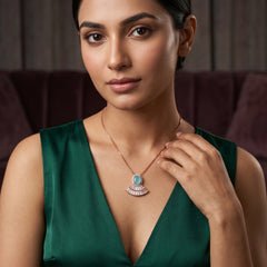 Royal Turquoise Art Deco Fan Pendant Necklace (Rose Gold)