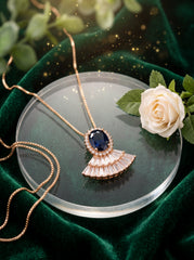 Royal Sapphire Blue Fan Pendant Necklace (Rose Gold)