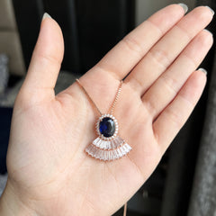 Royal Sapphire Blue Fan Pendant Necklace (Rose Gold)
