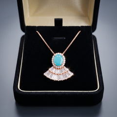 Royal Turquoise Art Deco Fan Pendant Necklace (Rose Gold)