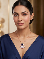 Royal Sapphire Blue Fan Pendant Necklace (Rose Gold)